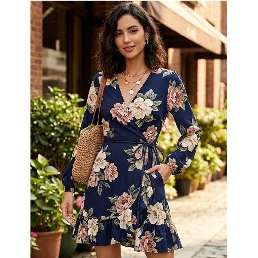 Lulus Floral Wrap Mini Dress Womens‎ Small Navy Blue Long Sleeve Ruffle Boho